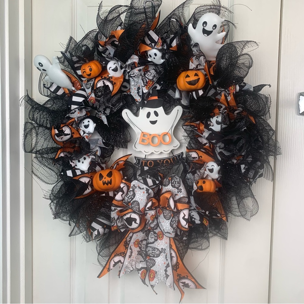 Handmade Halloween Deco Mesh Wreath 18in Boo To You Ghost Pumpkin Black Orange - Picture 2 of 5